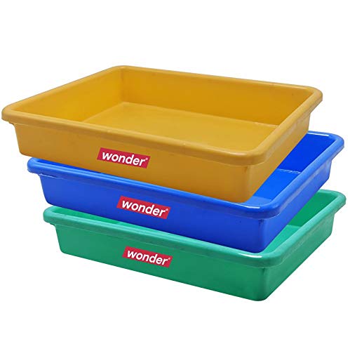 Wonder صينية بلاستيكية متوسطة من وندر هوم وير للاستخدام المنزلي/المطبخ/المكتب، مجموعة من 3، 4.5 لتر، لون أبيض، (أصفر أزرق أخضر) - Image 1