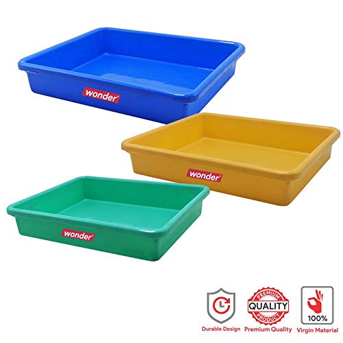 Wonder صينية بلاستيكية متوسطة من وندر هوم وير للاستخدام المنزلي/المطبخ/المكتب، مجموعة من 3، 4.5 لتر، لون أبيض، (أصفر أزرق أخضر) - Image 3