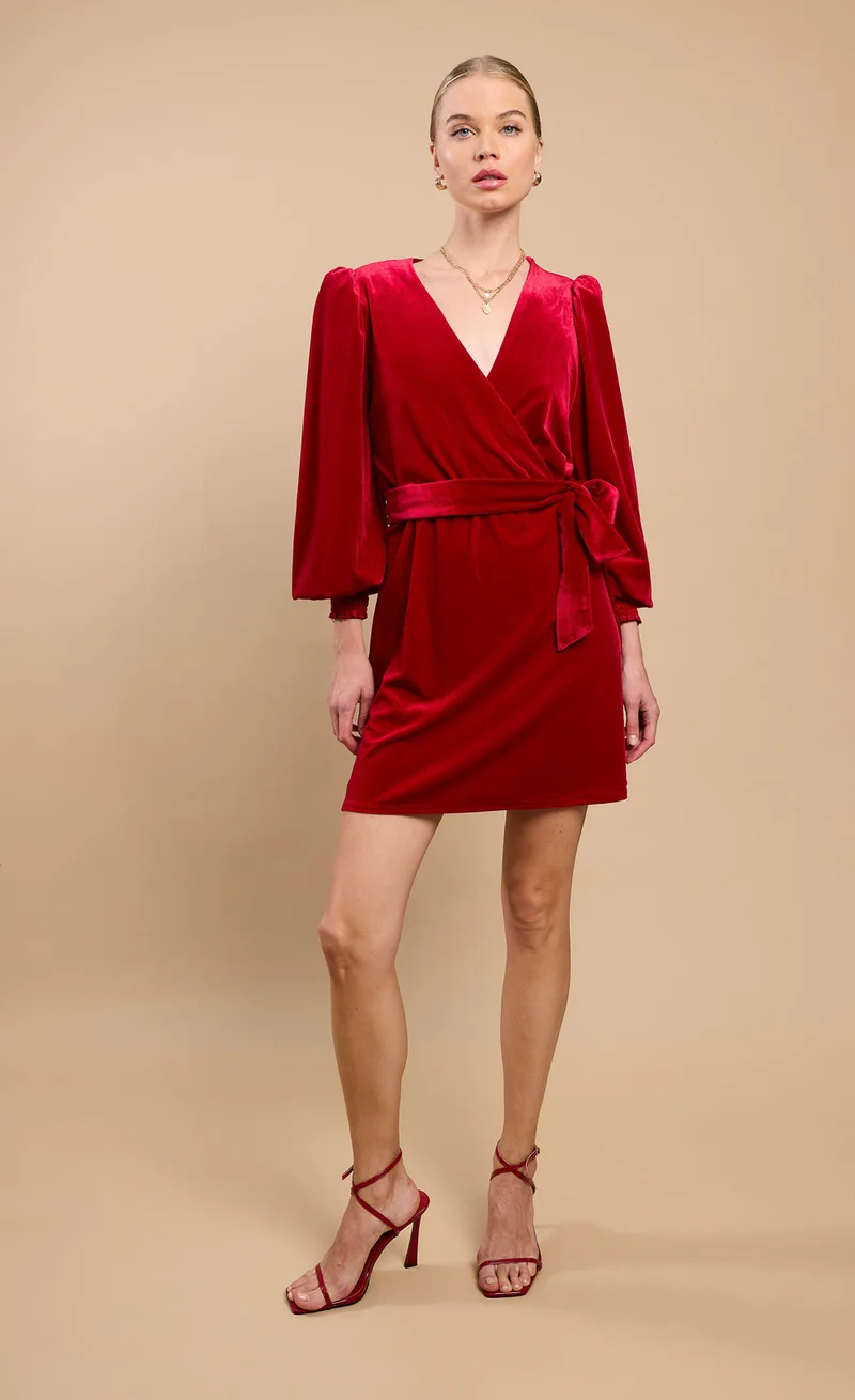 Ruby Red Velvet Wrap Mini Dress