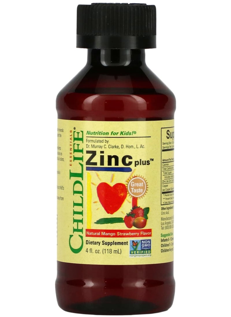CHILDLIFE ESSENTIALS Essentials, Zinc Plus، المانجو الطبيعي والفراولة، 4 أونصة سائلة (118 مل) 