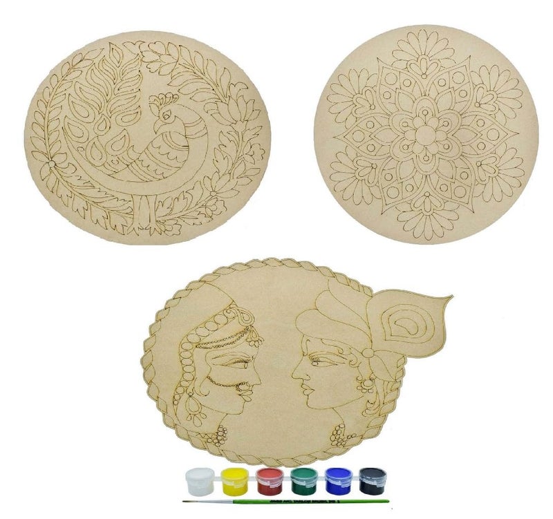 Pre Marked Wooden Board Art Craft MDF Wooden Art Boards Rangoli Design Painting Craft Work Home Room Decor Artistic Work Art Craft for Children or Adult with Water Color 25 cm 115 Inch Combo  - Image 1