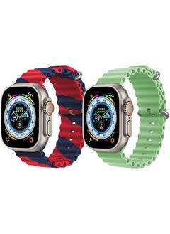 Silicone Ocean Band Strap for Apple Watch Ultra 8 49mm Red/Blue Double Line Strap with Mint Green Single Color Strap Set of 2