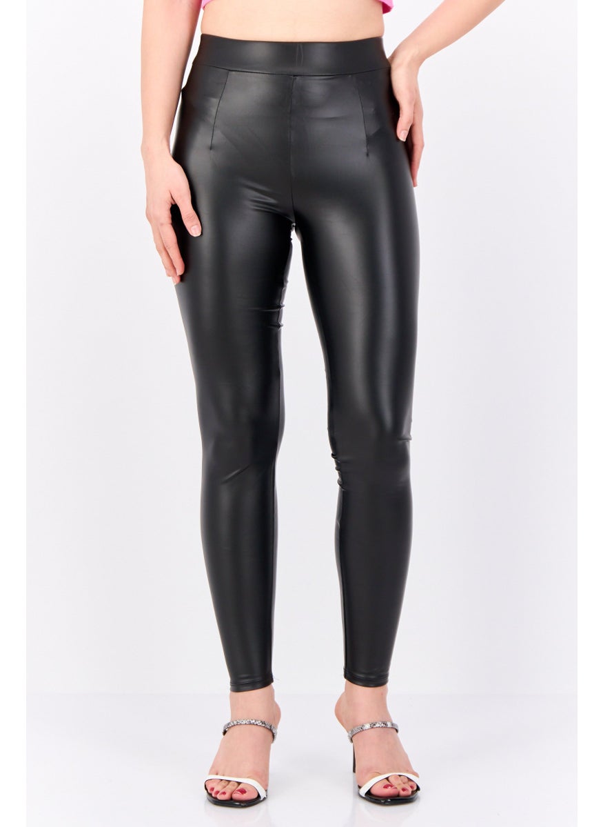 Bershka Women Skinny Fit Plain Leather Pants, Black  - Image 1