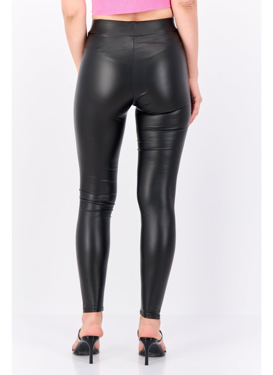 Bershka Women Skinny Fit Plain Leather Pants, Black  - Image 2