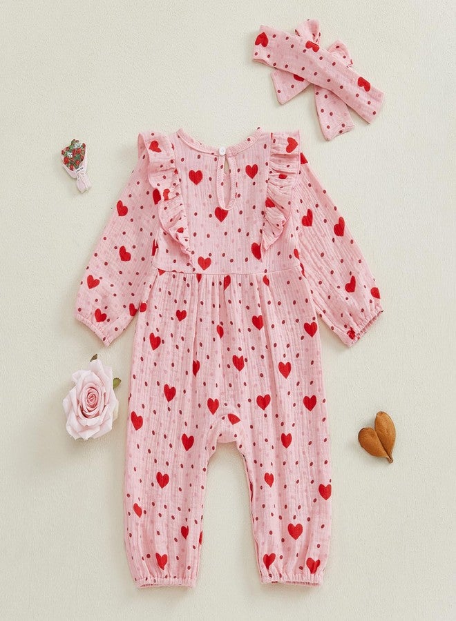 Lenjindjer Infant Baby Girl Valentine’s Day Outfits Puff Long Sleeve Heart Print Ruffle Jumpsuit Headband Cotton Linen Romper (Pink, 0-3 Months) - Image 3