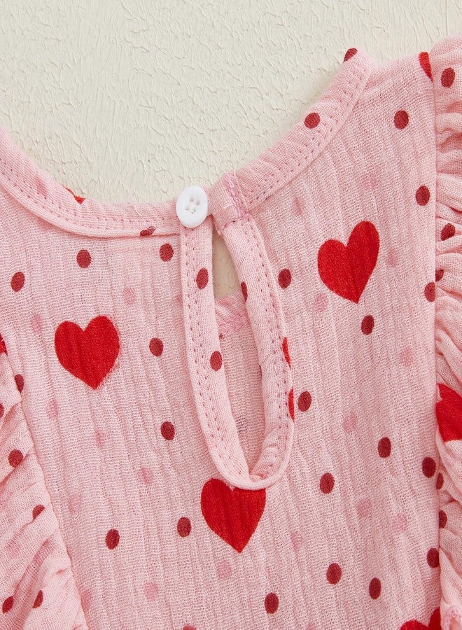 Lenjindjer Infant Baby Girl Valentine’s Day Outfits Puff Long Sleeve Heart Print Ruffle Jumpsuit Headband Cotton Linen Romper (Pink, 0-3 Months) - Image 5