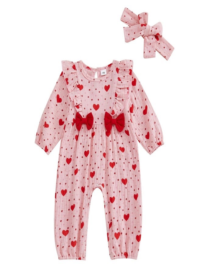 Lenjindjer Infant Baby Girl Valentine’s Day Outfits Puff Long Sleeve Heart Print Ruffle Jumpsuit Headband Cotton Linen Romper (Pink, 0-3 Months) - Image 1
