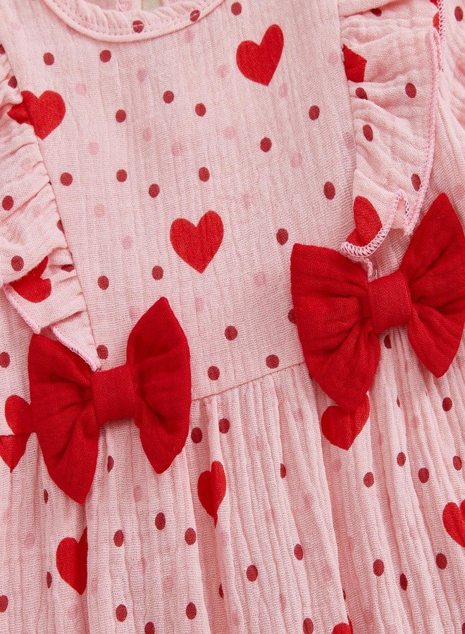Lenjindjer Infant Baby Girl Valentine’s Day Outfits Puff Long Sleeve Heart Print Ruffle Jumpsuit Headband Cotton Linen Romper (Pink, 0-3 Months) - Image 4