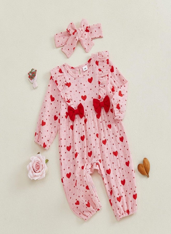 Lenjindjer Infant Baby Girl Valentine’s Day Outfits Puff Long Sleeve Heart Print Ruffle Jumpsuit Headband Cotton Linen Romper (Pink, 0-3 Months) - Image 2