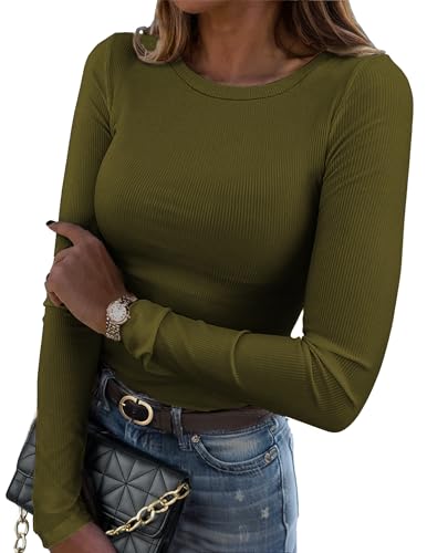 Zeagoo Womens Fitted Long Sleeve Shirt Crewneck Ribbed Shirt Summer Basics Clothing Undershirt Army Green - Image 1