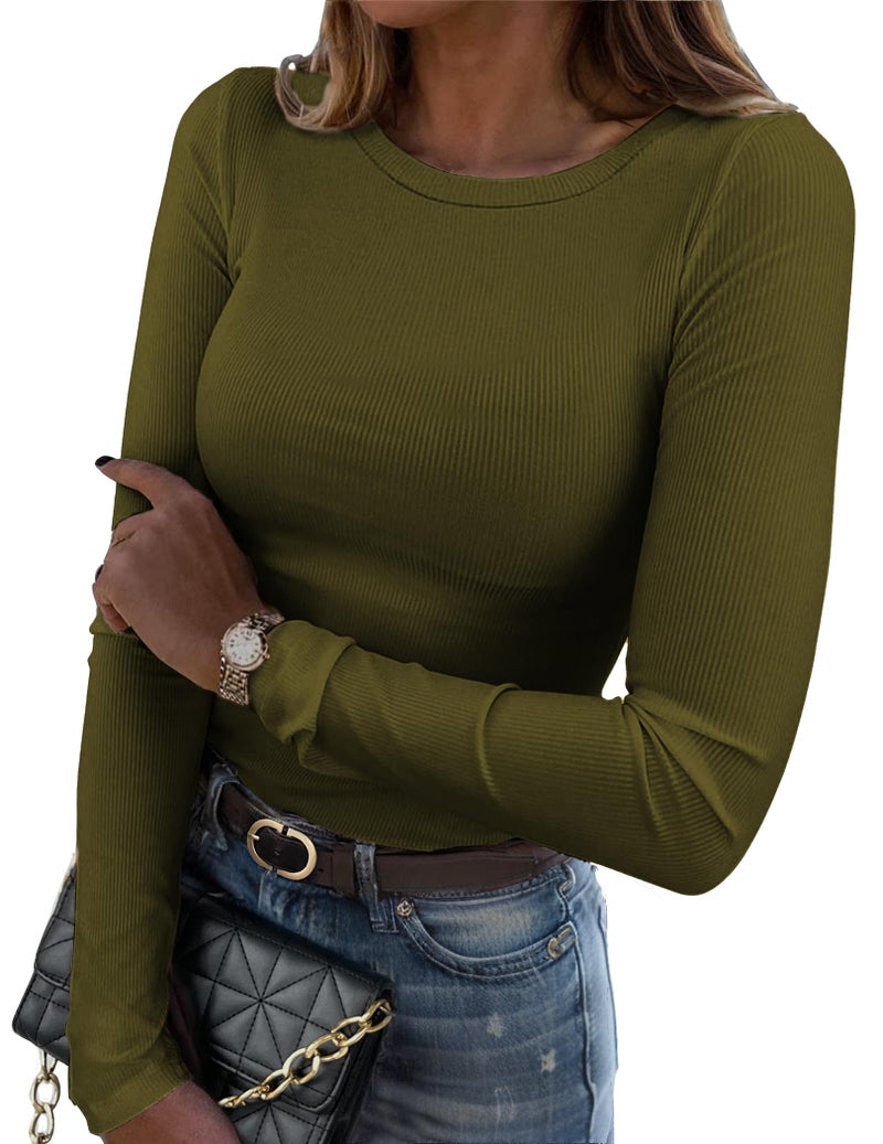 Zeagoo Womens Fitted Long Sleeve Shirt Crewneck Ribbed Shirt Summer Basics Clothing Undershirt Army Green - Image 2
