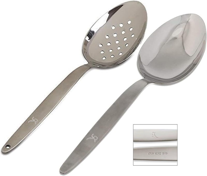 BNAZIND Kunz Perforated and Regular Set | Pack of 2 | 18/10 Stainless Steel | 9 Inch Cooking Dinner Serving Basting Quenelle Chef Spoon | - Image 1