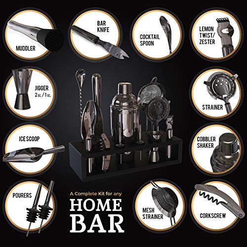 Highball  Chaser Highball & Chaser 13-Piece Cobbler Cocktail Shaker Set: Black Polished Stainless Steel Bartender Kit for Home Bar Set | Laser Engraved Tools Plus E-Book with 30 Recipes - Image 3