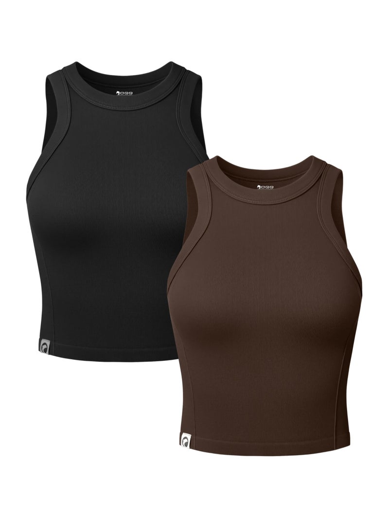 OQQ Womens 2 Pack Crop Tank Tops Crew Neck Sleeveless Ribbed Stretch Workout Athleisure Tops Black Darkbrown - Image 1