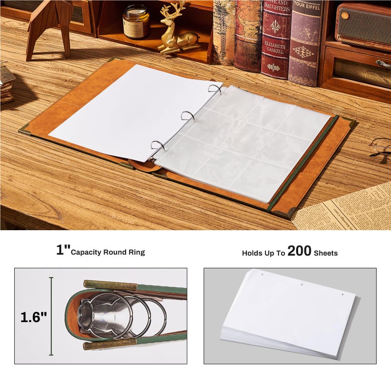 Ovesmusl PU Leather 3 Ring Binder Fits 8.5"x11" Letter Size Paper, 1 Inch Round Ring Binder Holds 200 Sheets, Notepad Paper Cover Loose Leaf Organizer for School, Vintage Green - Image 4