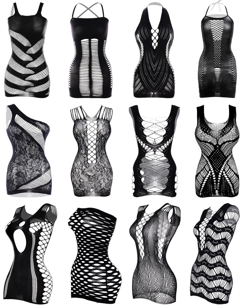 Tisancy 12 Pcs Women's Fishnet Mesh Bodysuit Cover-up Dress Outfits, Sheer Lace Party Outfit, Beachwear(Black,Style A) - Image 1