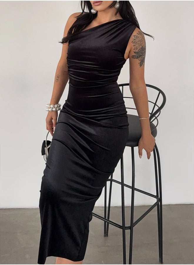 Black Fitted One Shoulder Velvet Knitted Dress Tpraw25El00173