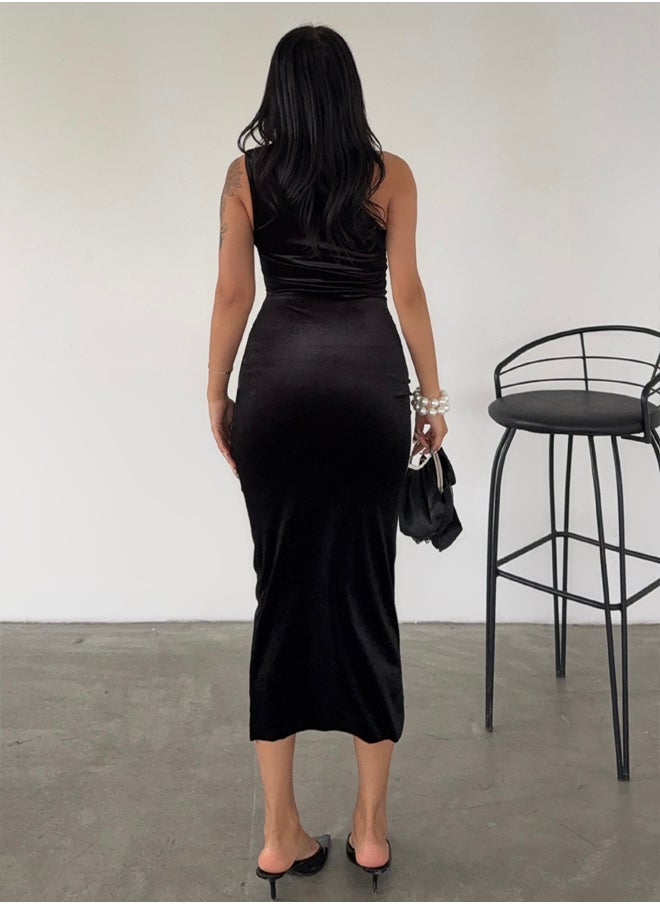 Black Fitted One Shoulder Velvet Knitted Dress Tpraw25El00173