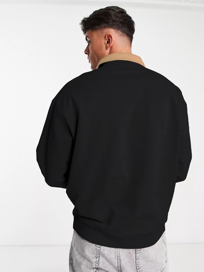 Jump Cuts Mens Printed Polo Neck Full Sleeve Black and White Cotton Blend T-Shirt - Image 2