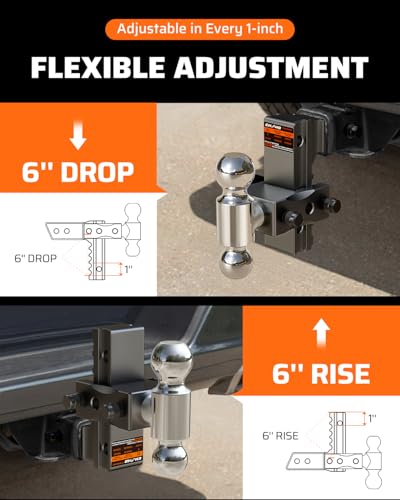 Ehaho Adjustable Trailer Hitch, Drop Hitch 2.5 Inch Receiver with 6 Inch Drop/Rise for Truck 18,500 LBS GTW, 360° Rotating Towing Hitch Balls Double Anti-Theft Locking Hitch Pins - Image 4