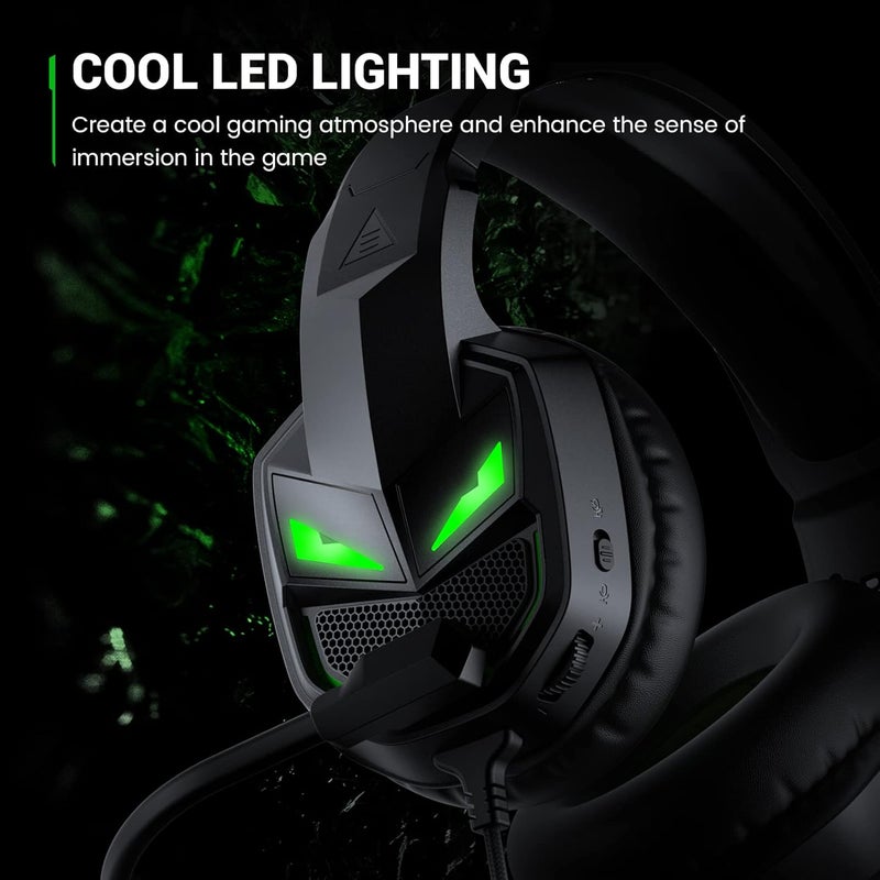 إكسا سماعة ألعاب لأجهزة Xbox One، PS4، PC، PS5، الأجهزة المحمولة - سماعة ألعاب مع ميكروفون عازل للضوضاء، وسادات أذن مريحة، محركات 50 مم، إضاءة RGB، تحكم بزر واحد (أخضر) (أسود) - Image 5