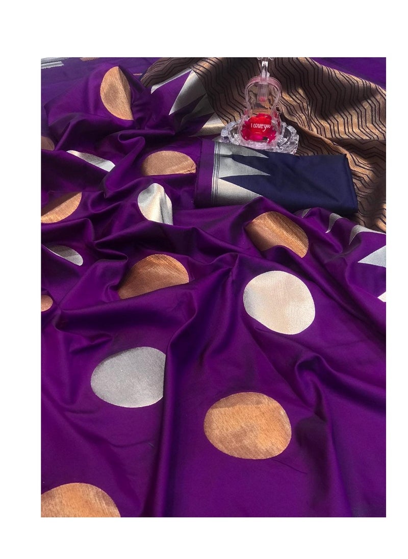 Grab Mantra Purple soft silk saree with Big Polka design plus unstitched blouse  - Image 2