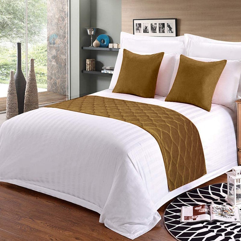 Bhoomi Impex Bhumi Impex Bed Runner with 2 Matching Cushion Cover Set for BedroomsHotel RoomsGuest Rooms Taupe_King 18x96 in 