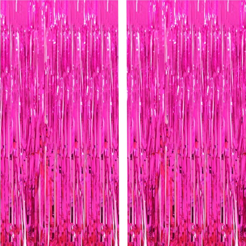 i-CHONY 2 Pcs 3.2ft x 8.2ft Shiny Hot Pink Metallic Tinsel Foil Fringe Curtains Photo Booth Backdrop for Birthday Wedding Holiday Celebration Bachelorette Party Decorations - Image 1