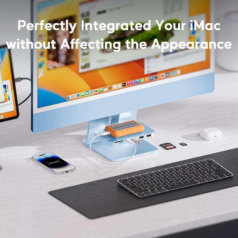 PULWTOP ملحقات iMac لـ i-Mac 2021/2023/2024، محور USB C من لـ iMac مع USB A/C 10Gbps، محور لـ M1/M3/M4، منفذا USB A 2.0، قارئ بطاقات SD/TF لـ iMac 24 بوصة وStudio Display 2 (أزرق-1) - Image 5