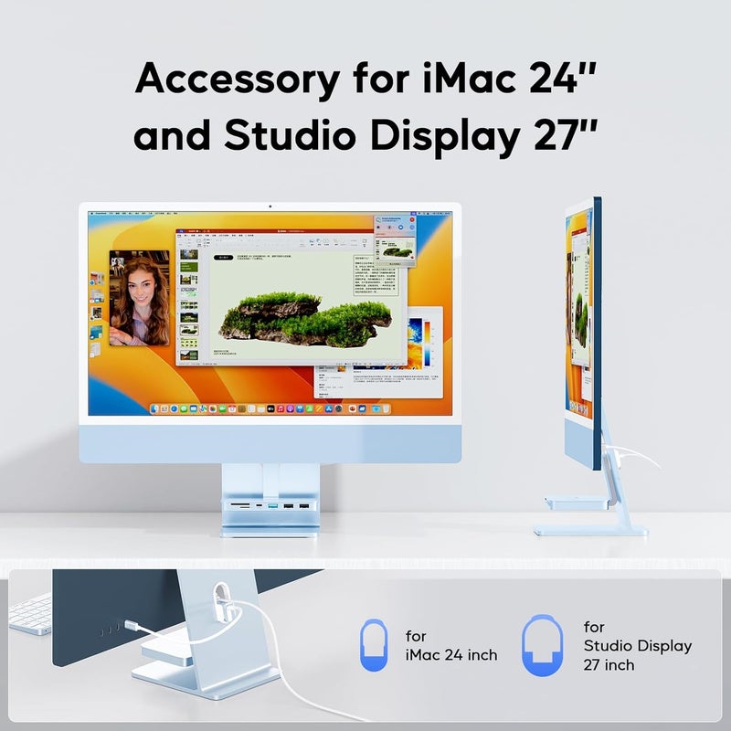 PULWTOP ملحقات iMac لـ i-Mac 2021/2023/2024، محور USB C من لـ iMac مع USB A/C 10Gbps، محور لـ M1/M3/M4، منفذا USB A 2.0، قارئ بطاقات SD/TF لـ iMac 24 بوصة وStudio Display 2 (أزرق-1) - Image 4