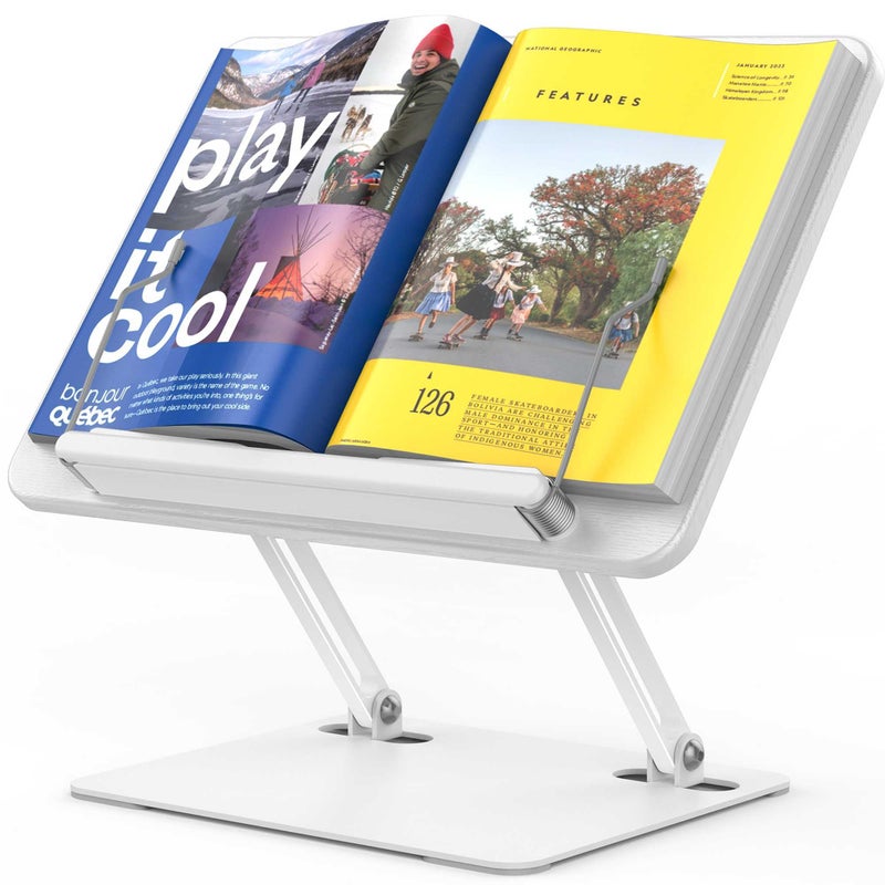 BESIGN BS01 Book Stand for Reading, Adjustable Book Holder, Ergonomic Laptop Stand with Elastic Page Clips for Music Scores, Recipe, Tablet, Laptop (White) - Image 1