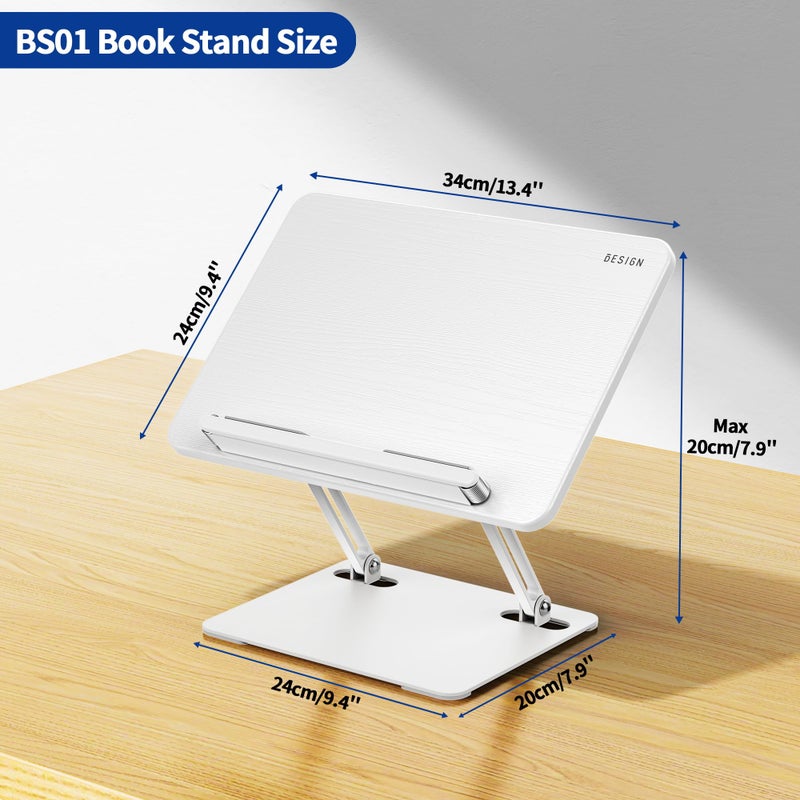 BESIGN BS01 Book Stand for Reading, Adjustable Book Holder, Ergonomic Laptop Stand with Elastic Page Clips for Music Scores, Recipe, Tablet, Laptop (White) - Image 3