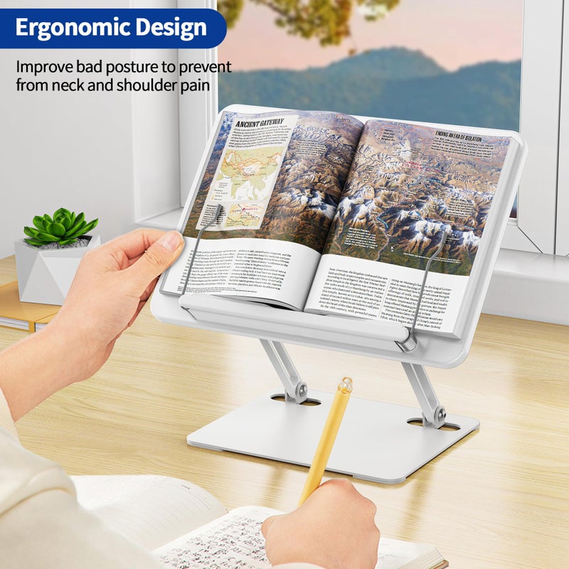 BESIGN BS01 Book Stand for Reading, Adjustable Book Holder, Ergonomic Laptop Stand with Elastic Page Clips for Music Scores, Recipe, Tablet, Laptop (White) - Image 2