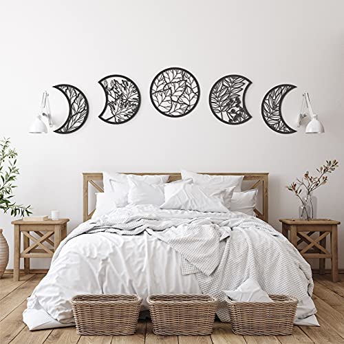 Jetec 5 Pcs Moon Phase Wall Art Decor Wall Pediments Hanging Wooden Moon Phase Spiritual Bedroom Nordic Boho Lunar Aesthetic Art for Living Room Dorm Apartment Bar Ornament(Black,10.6 Inch) - Image 1