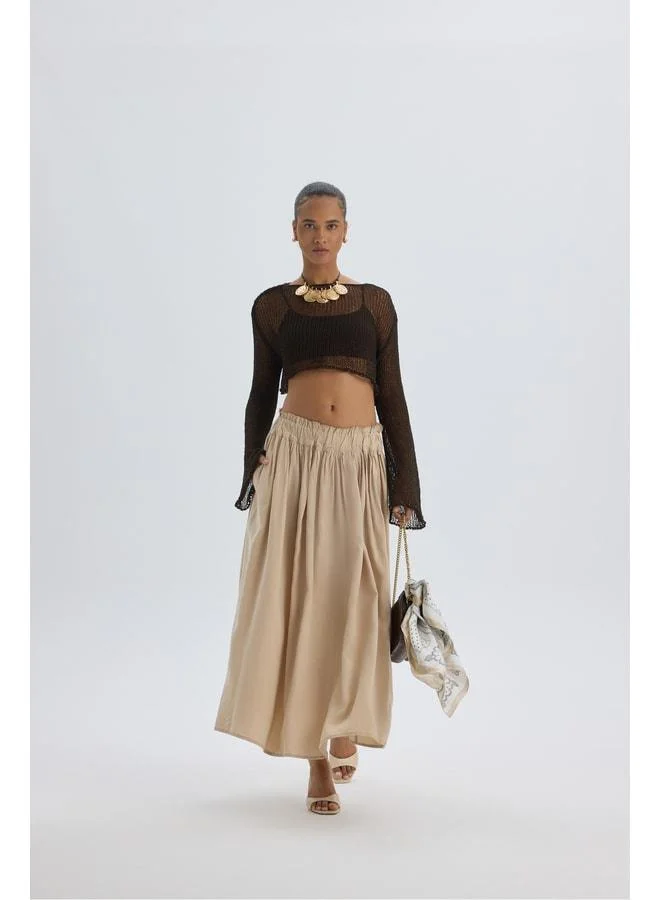 Aninas Elastic Waist Detail Beige Midi Skirt