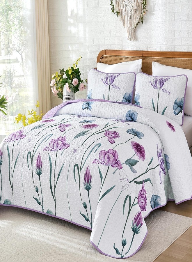 WONGS BEDDING طقم لحاف وونغز بيدينغ الأرجواني بحجم كينغ، 3 قطع، طقم غطاء سرير مزين بنقوش زهور أرجوانية فاتحة، طقم أغطية سرير خفيف الوزن بنمط ريفي ربيعي لطيف بنقوش نباتية (104 بوصة × 90 بوصة) - Image 2