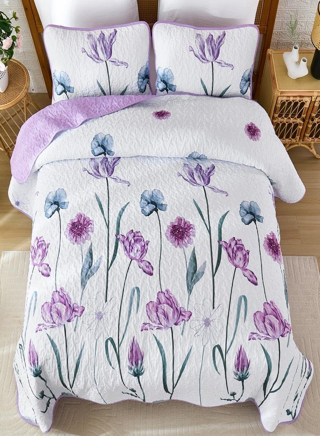 WONGS BEDDING طقم لحاف وونغز بيدينغ الأرجواني بحجم كينغ، 3 قطع، طقم غطاء سرير مزين بنقوش زهور أرجوانية فاتحة، طقم أغطية سرير خفيف الوزن بنمط ريفي ربيعي لطيف بنقوش نباتية (104 بوصة × 90 بوصة) - Image 3