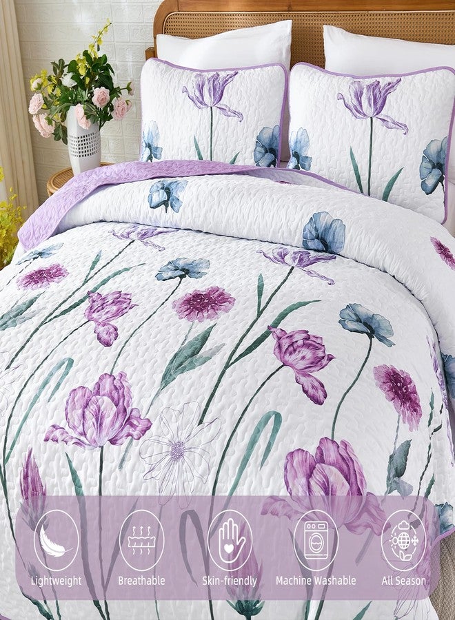 WONGS BEDDING طقم لحاف وونغز بيدينغ الأرجواني بحجم كينغ، 3 قطع، طقم غطاء سرير مزين بنقوش زهور أرجوانية فاتحة، طقم أغطية سرير خفيف الوزن بنمط ريفي ربيعي لطيف بنقوش نباتية (104 بوصة × 90 بوصة) - Image 5