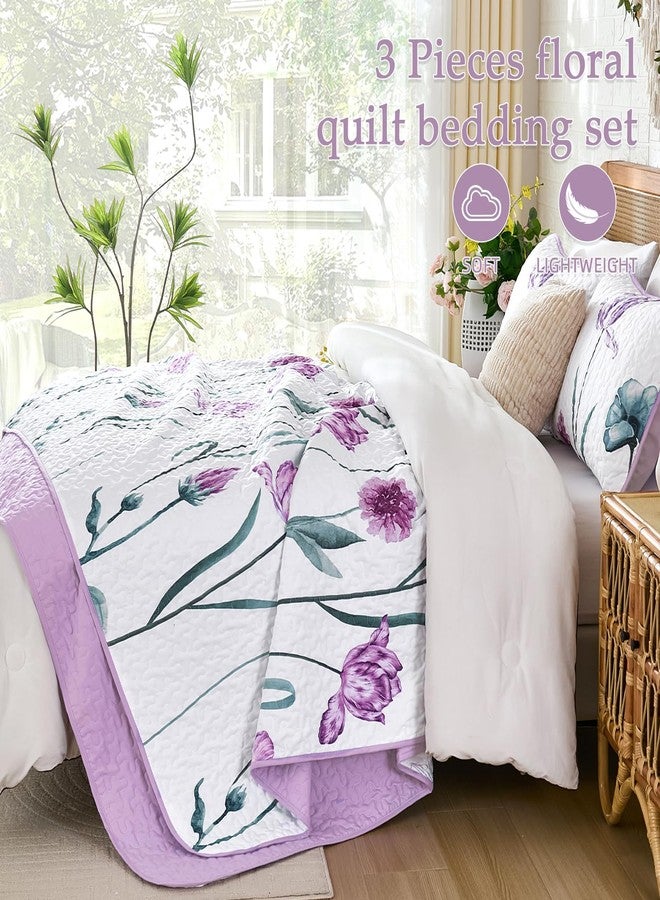 WONGS BEDDING طقم لحاف وونغز بيدينغ الأرجواني بحجم كينغ، 3 قطع، طقم غطاء سرير مزين بنقوش زهور أرجوانية فاتحة، طقم أغطية سرير خفيف الوزن بنمط ريفي ربيعي لطيف بنقوش نباتية (104 بوصة × 90 بوصة) - Image 4