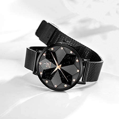 SHENGKE Creative Starry Sky Women Watch with Stainless Steel Mesh Band Genuine Leather Elegant Women Watches (Starry-Mesh Band-Black) - Image 2