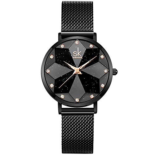 SHENGKE Creative Starry Sky Women Watch with Stainless Steel Mesh Band Genuine Leather Elegant Women Watches (Starry-Mesh Band-Black) - Image 1