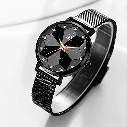 SHENGKE Creative Starry Sky Women Watch with Stainless Steel Mesh Band Genuine Leather Elegant Women Watches (Starry-Mesh Band-Black) - Image 4