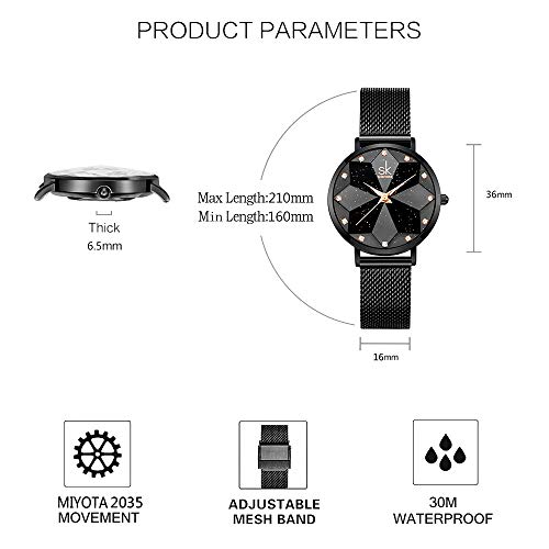 SHENGKE Creative Starry Sky Women Watch with Stainless Steel Mesh Band Genuine Leather Elegant Women Watches (Starry-Mesh Band-Black) - Image 5