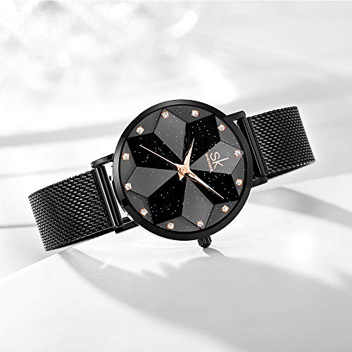 SHENGKE Creative Starry Sky Women Watch with Stainless Steel Mesh Band Genuine Leather Elegant Women Watches (Starry-Mesh Band-Black) - Image 3