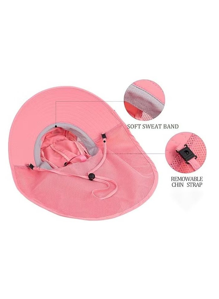 قبعة شمس للأطفال، قبعة حماية من الأشعة فوق البنفسجية 50+، قبعات شاطئ ذات حافة عريضة، شبكة وجيدة التهوية، حزام ذقن قابل للتعديل باللون الوردي - Image 2