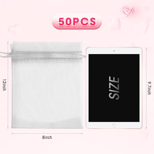 ANZNKU 50 Pack White Organza Bags 8x12 inch Mesh Gift Bags Drawstring Large Gift Pouches for Jewelry Candy Wedding Party Favor Valentines Gifts - Image 5