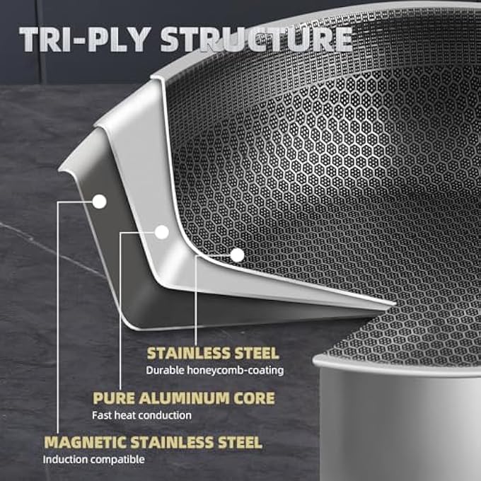 LENND Stainless Steel Saute Pan Cookware With Lid 30Cm Deep Frying Pan Nonstick Honeycomb Cooking Pot With Handles Large Kadai Skillet Wok Pan Compatible With All Cooktops Dishwasher Safe - Image 4