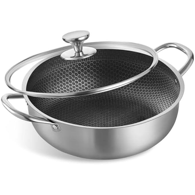 LENND Stainless Steel Saute Pan Cookware With Lid 30Cm Deep Frying Pan Nonstick Honeycomb Cooking Pot With Handles Large Kadai Skillet Wok Pan Compatible With All Cooktops Dishwasher Safe - Image 1