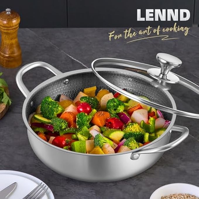 LENND Stainless Steel Saute Pan Cookware With Lid 30Cm Deep Frying Pan Nonstick Honeycomb Cooking Pot With Handles Large Kadai Skillet Wok Pan Compatible With All Cooktops Dishwasher Safe - Image 5