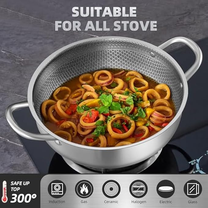 LENND Stainless Steel Saute Pan Cookware With Lid 30Cm Deep Frying Pan Nonstick Honeycomb Cooking Pot With Handles Large Kadai Skillet Wok Pan Compatible With All Cooktops Dishwasher Safe - Image 3